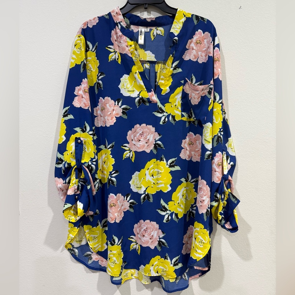 LARA Floral V-Neck Blouse - Blue, Yellow, Pink